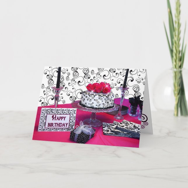 Tarjeta Saludo de cumpleaños - Torta con flores de Fuchsia (Anverso)