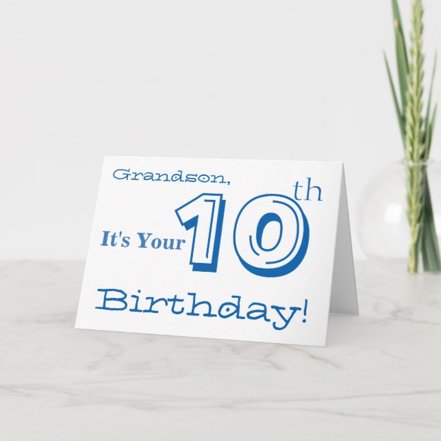 Tarjeta Saludo de décimo cumpleaños de mi nieto en azul y  (Anverso)