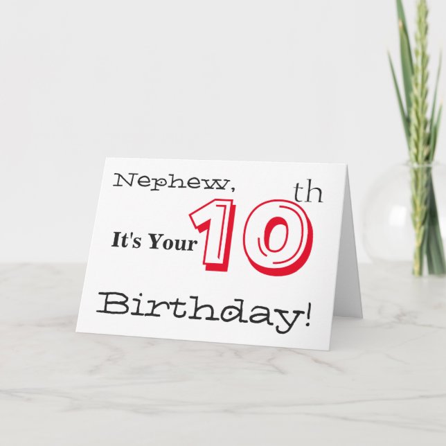 Tarjeta Saludo de décimo cumpleaños del sobrino en rojo y  (Anverso)