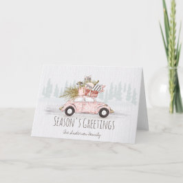 Tarjeta Saludo de familia de autos rosados de invierno