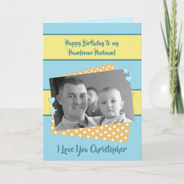 Tarjeta Saludo de fotos de cumpleaños azul y amarillo de m (Anverso)