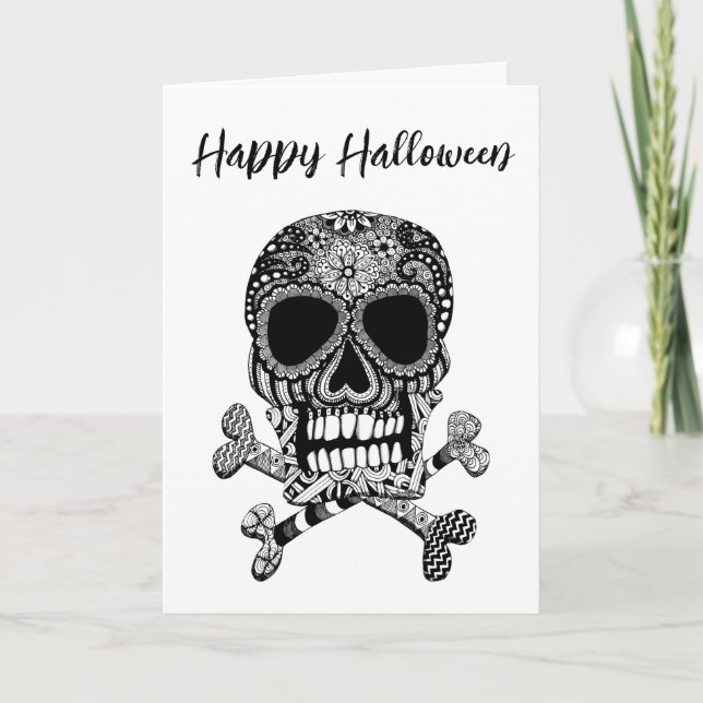 Tarjeta Saludo de Halloween Calavera y Huesos Cruzados (Anverso)