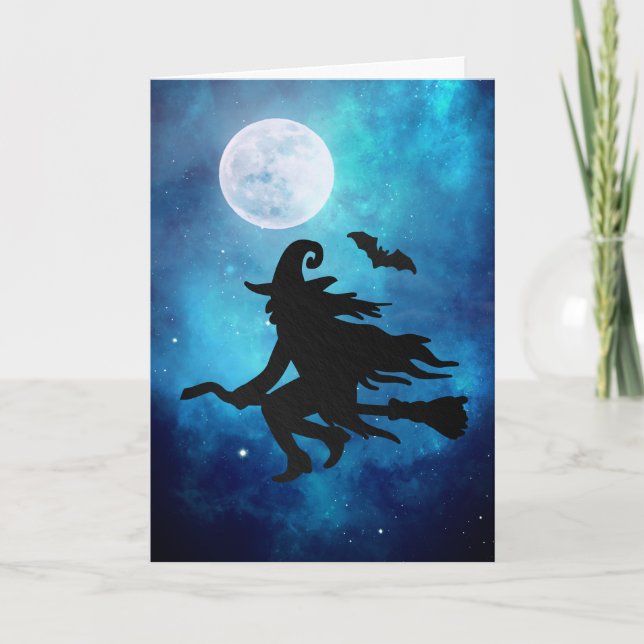 Tarjeta Saludo de Halloween de Bruja Voladora (Anverso)