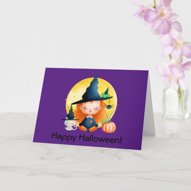 Tarjeta Saludo de Halloween de la Bruja y el Gato del Yoga (Orquídea)