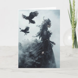 Tarjeta Saludo de Halloween de Ravens góticos y diosa