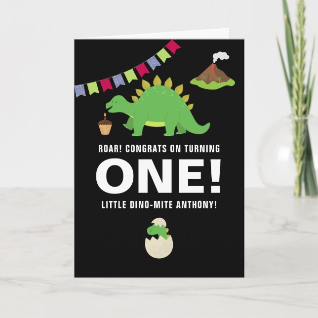 Tarjeta Saludo de los dinosaurios de cumpleaños 1 blanco y (Anverso)