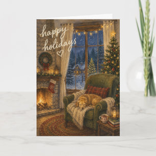 Tarjeta Saludo de Navidad con Acuarela de Perro Acurrucado