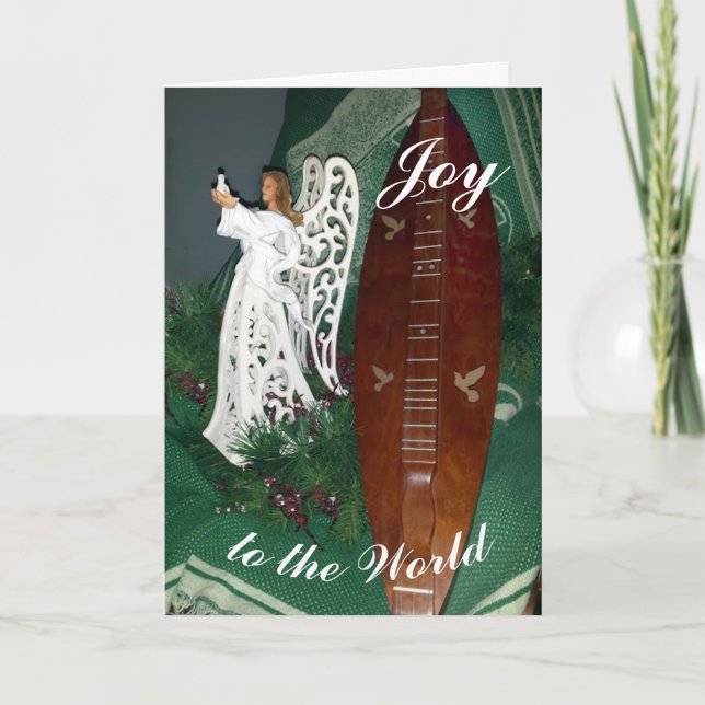 Tarjeta Saludo de Navidad con ángel y dulcémele de montaña (Anverso)