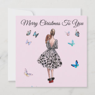 Tarjeta Saludo de Navidad de mujer con mariposas de 1950