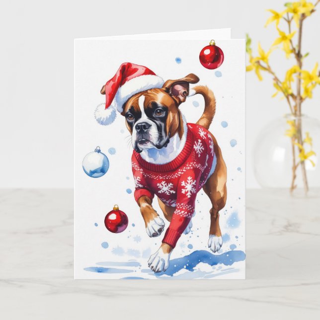 Tarjeta Saludo de Navidad para perro Boxer (flor amarilla)