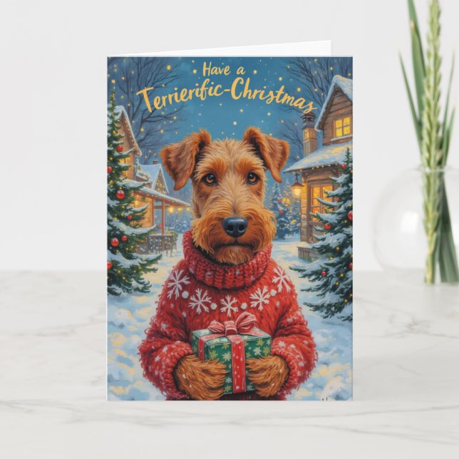 Tarjeta Saludo de Navidad Terrier-ífico Airedale Terrier (Anverso)