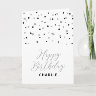 Tarjeta Saludo de nombre personalizado Silver y Black Happ