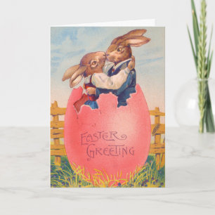 Tarjeta Saludo de Pascua Victoriano Antiguo Dos Conejos se