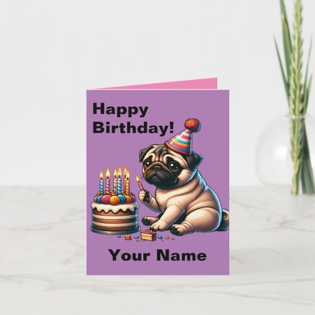 Tarjeta Saludo de Personalizable de Pug de cumpleaños (Anverso)