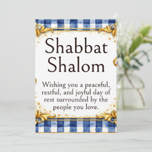 Tarjeta Saludo de Shabbat Shalom, Gingham Azul Blanco Dora