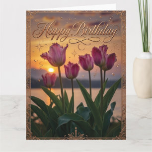 Tarjeta Saludo de Tulipanes al Atardecer Cumpleaños Feliz