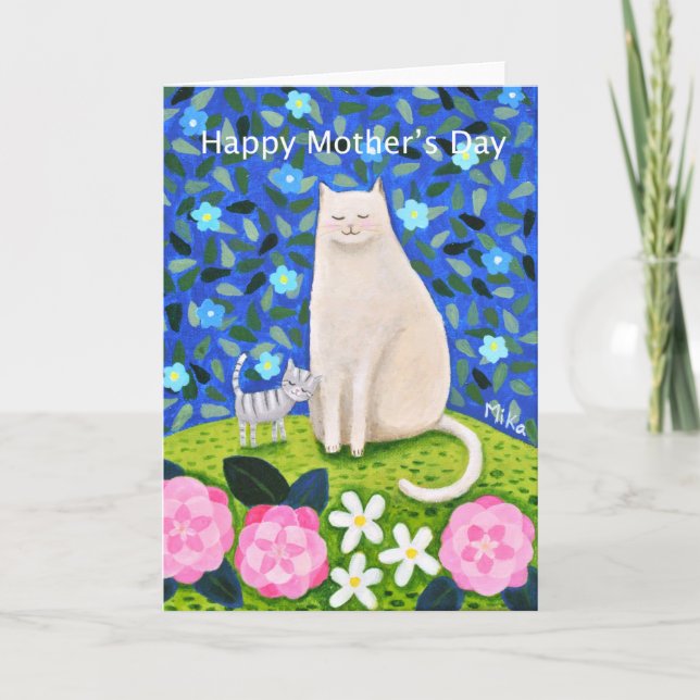 Tarjeta Saludo del día de la madre de un gato blanco bonit (Anverso)