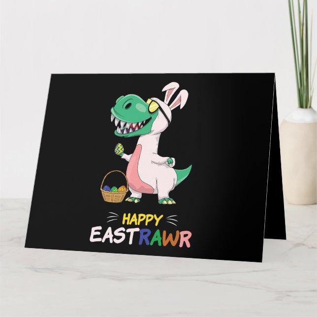 Tarjeta Saludo Dinosaurio Bunny Egg Feliz Pascua (Anverso)