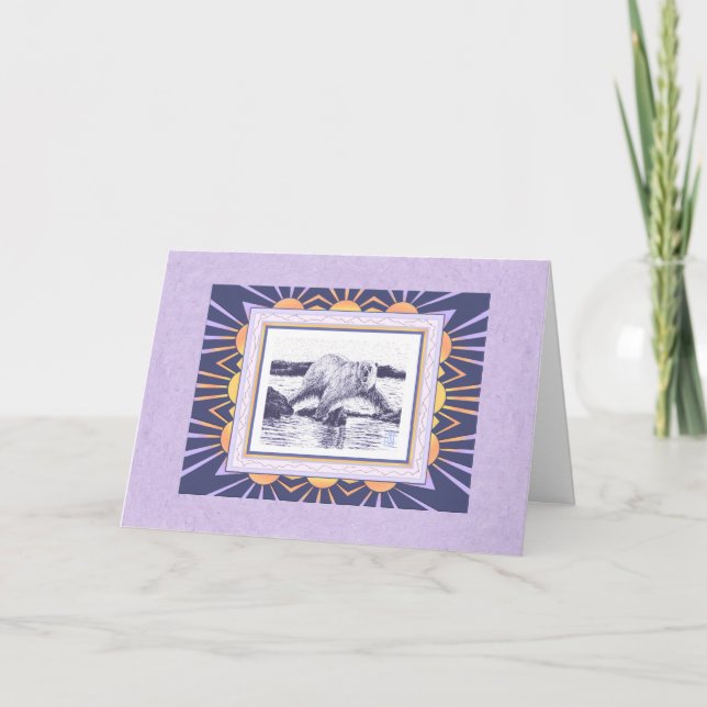 Tarjeta Saludo en blanco de oso polar y sol ártico (Anverso)