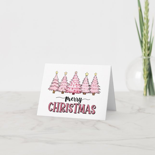 Tarjeta Saludo en blanco del árbol de navidad rosado Merry (Anverso)