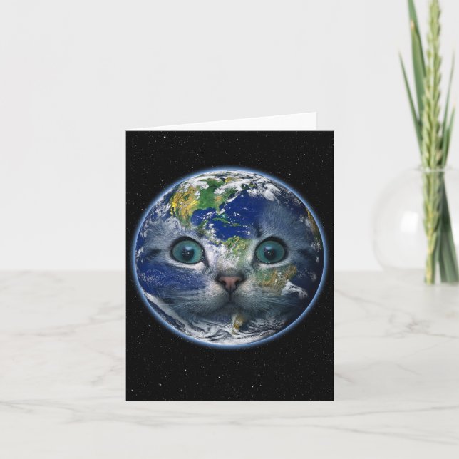 Tarjeta Saludo en blanco del gato espacial Earth (Anverso)