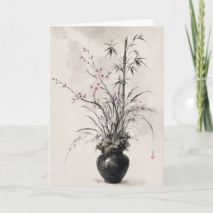 Tarjeta Saludo floral botánico japonés Bambú Cerezo
