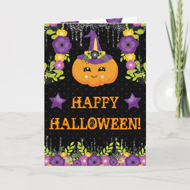 Tarjeta Saludo floral de calabaza de Halloween (Anverso)