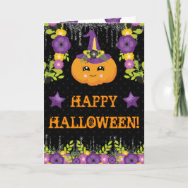Tarjeta Saludo floral de calabaza de Halloween adorable