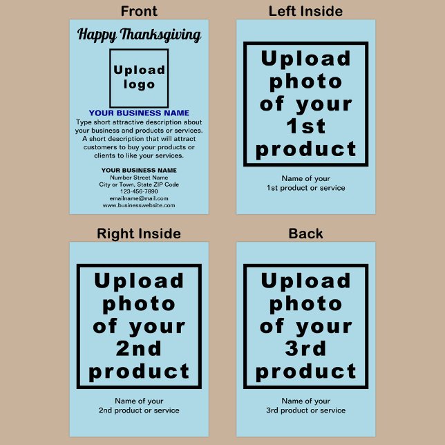 Tarjeta Saludo plegado azul de la luz del día de Acción de (Light blue Thanksgiving folded greeting card with your business brand and products or services.)