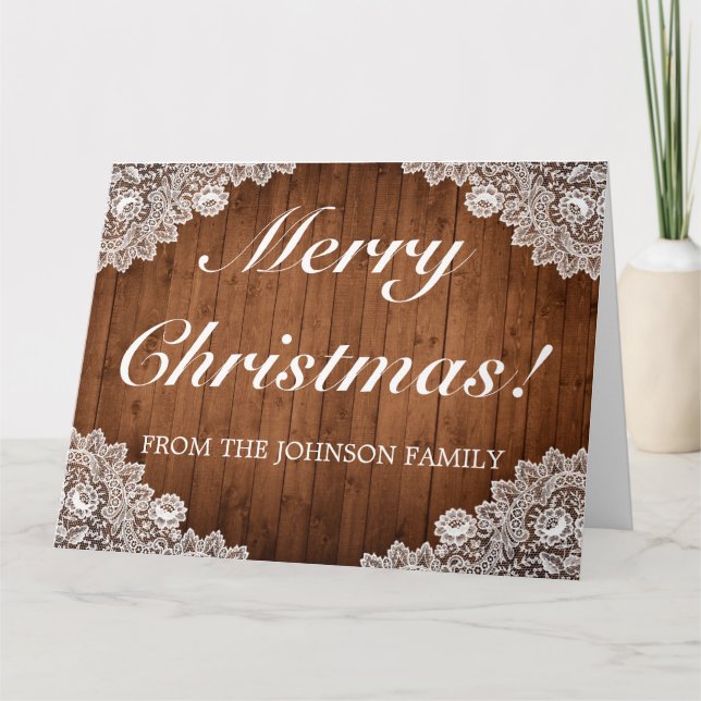 Tarjeta Saludo plegado de la Navidad Rustic Wood & Lace Me (Anverso)