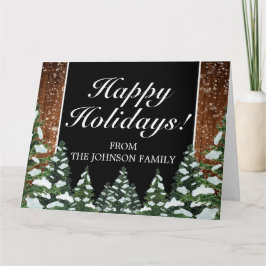 Tarjeta Saludo plegado en madera nevada y vacaciones fores