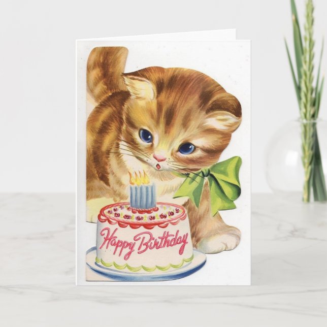 Tarjeta Saludo retro de la torta de cumpleaños del gatito (Anverso)