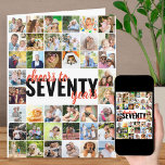 Tarjeta Saludos a 70 años Collage de fotos 70 cumpleaños<br><div class="desc">Gran tarjeta de cumpleaños 70 personalizada con sus propias fotos y mensajes personalizados. En la parte delantera de la tarjeta se lee "vítores a setenta años" en la moderna y sobredimensionada tipografía y escritura de pincel. La plantilla de la foto está configurada para que subas 40 fotos y puedes personalizar...</div>
