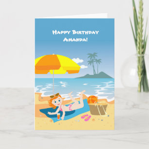 Tarjeta Saludos de cumpleaños de verano del chica de playa
