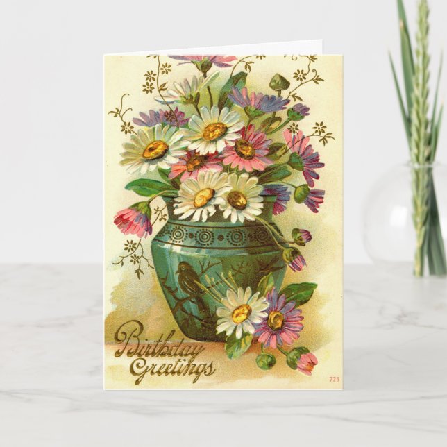 Tarjeta Saludos de cumpleaños Flores de la época de 1915 (Anverso)