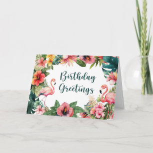 Tarjeta Saludos de cumpleaños tropical con flamencos