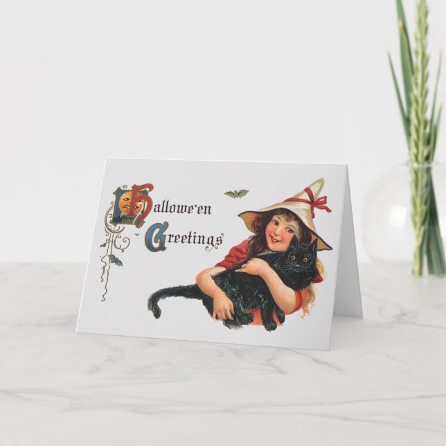 Tarjeta Saludos de Halloween de época, bruja infantil con  (Anverso)