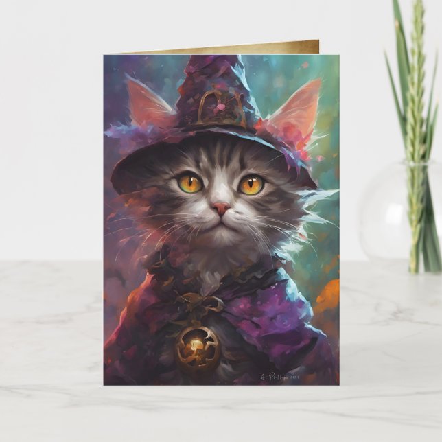 Tarjeta Saludos de Halloween de Gato de Bruja Sabio, Hormi (Anverso)