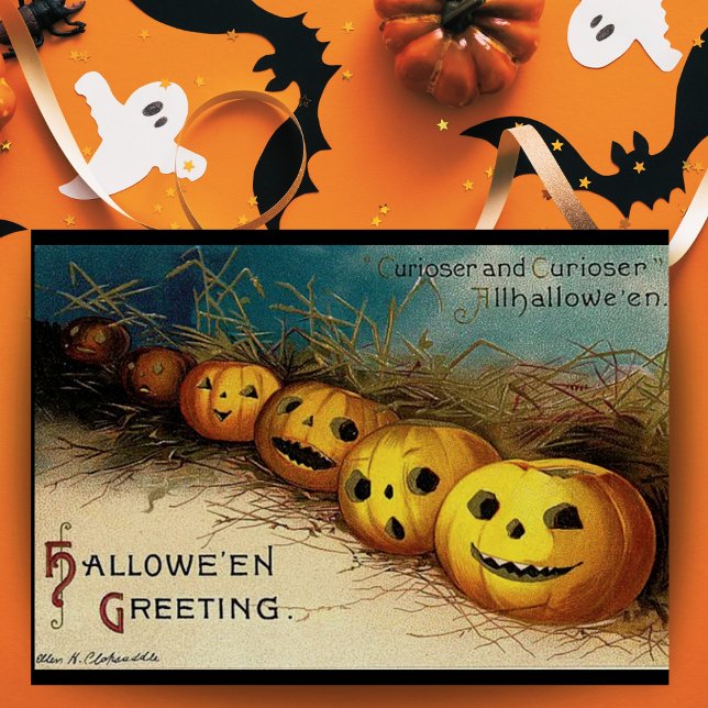 Tarjeta Saludos de Halloween de Jack O Linternas Antiguas (Vintage Jack O Lanterns Halloween Greetings Downloadable Card with editable message.)