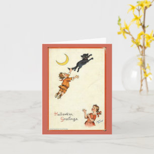 Tarjeta Saludos de Halloween Niño Cola de Gato Negro Vinta