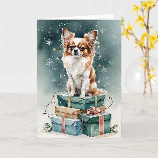 Tarjeta Saludos de los Navidades Papillon Dog (flor amarilla)