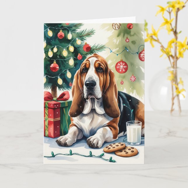 Tarjeta Saludos de Navidades de Perros del Hound Basset (flor amarilla)