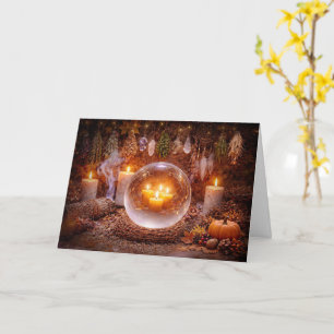 Tarjeta Saludos de Samhain con velas hierbas cristales