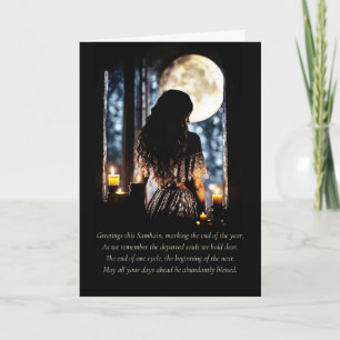 Tarjeta Saludos de Samhain con velas lunares místicos
