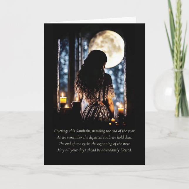 Tarjeta Saludos de Samhain con velas lunares místicos (Anverso)