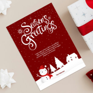 Tarjeta Saludos de temporada   Montañas nevadas con muñeco