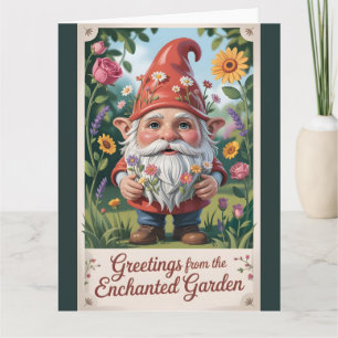 Tarjeta "Saludos desde el Jardín Encantado" Gnomo