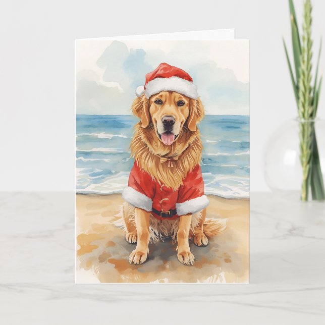 Tarjeta Saludos dorados de Santa Paws - Navidades de playa (Anverso)