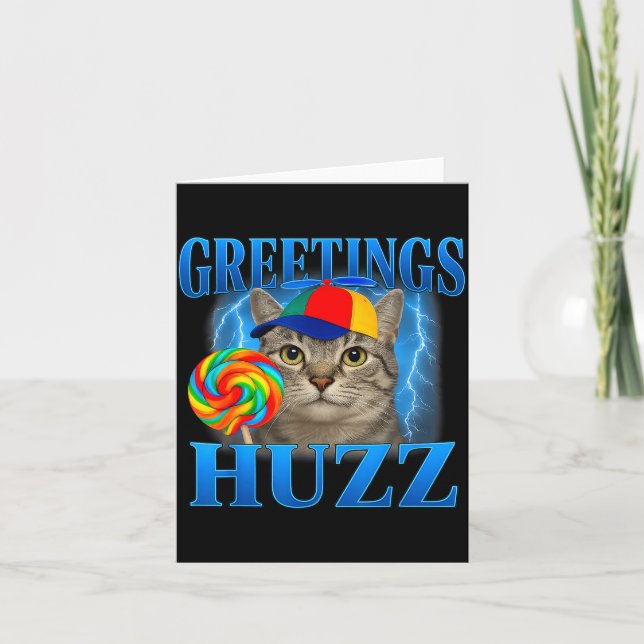 Tarjeta Saludos Huzz Diseño divertido de meme de gato para (Anverso)