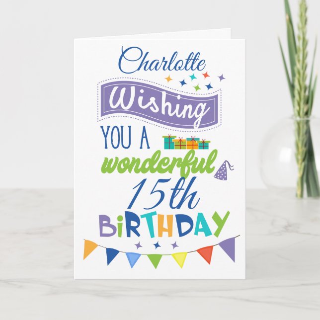 Tarjeta Saludos personalizados de cumpleaños número 15 (Anverso)